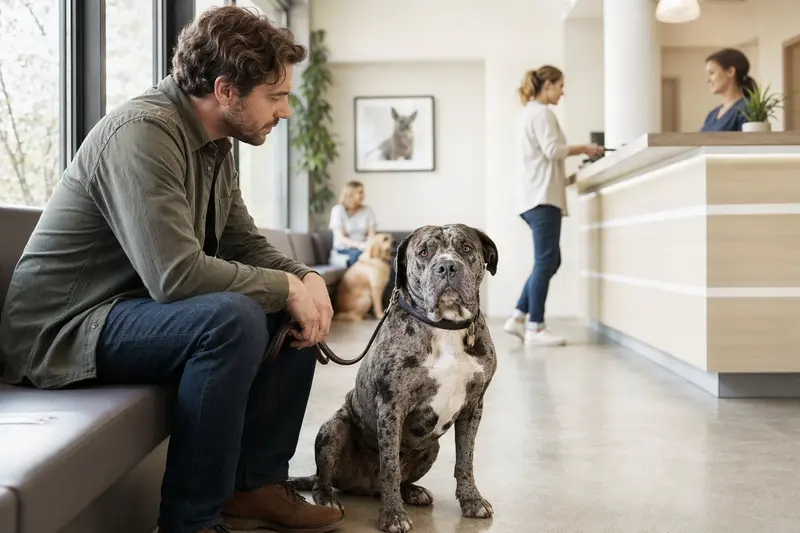 Ein Alapaha Blue Blood Bulldog sitzt ruhig neben seinem Besitzer im modernen Wartezimmer einer Tierarztpraxis.
